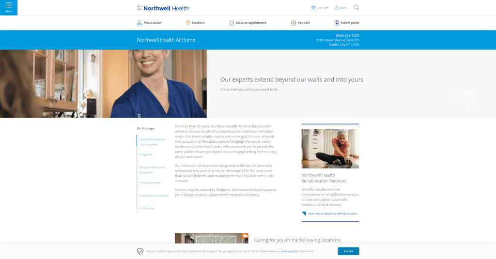 Northwell Health created a website page dedicated to home healthcare services that looks great and is very trustworthy.